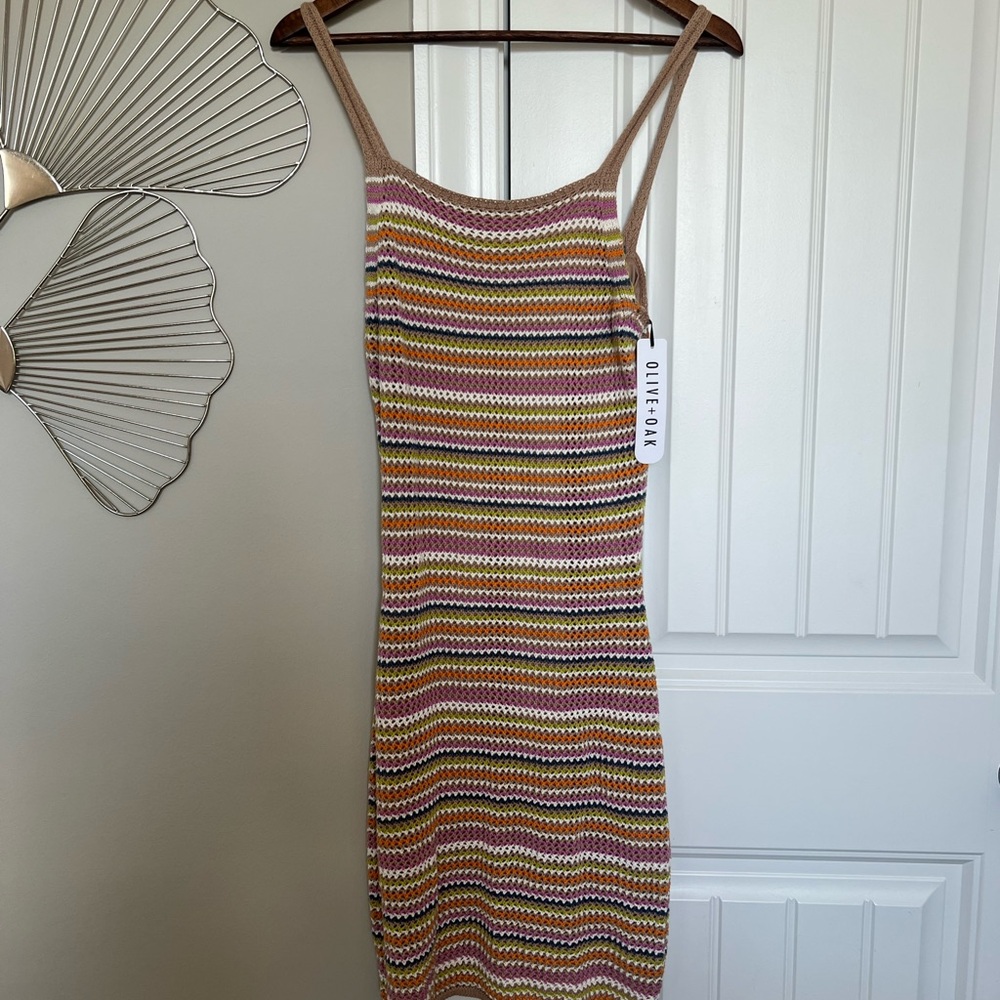 NWT Olive & Oak Striped Crochet Midi Dress in Pink, Tan & Yellow